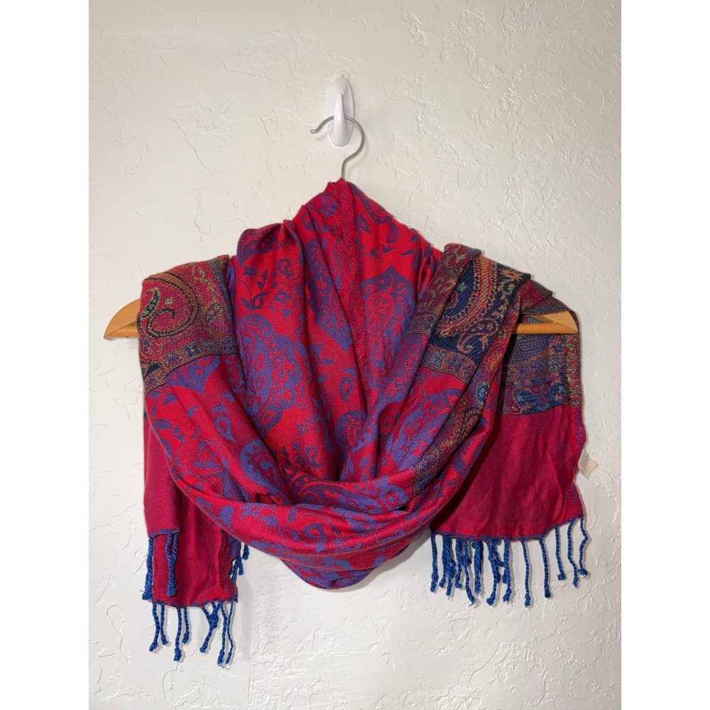 Saachi Viscose Red Blue Paisley Pashmina Shawl Scarf Fringe Boho Blanket Wrap